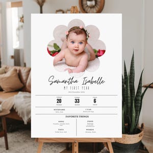 Modello di cartello di compleanno per traguardo del bambino, modello di cartello modificabile per le statistiche del primo compleanno, cartello per traguardo del bambino, poster stampabile per traguardo del primo anno del bambino
