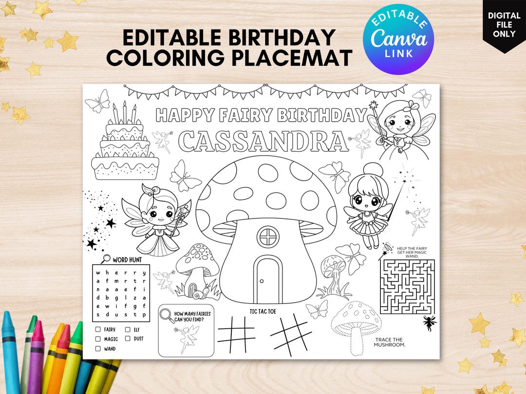 Editable Fairy Birthday Coloring Placemat Fairy Coloring Activity ...