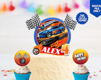 Custom hot cars cake topper printable cake topper race car birthday decor hot rod cupcake topper personalized wheels cake topper neon car