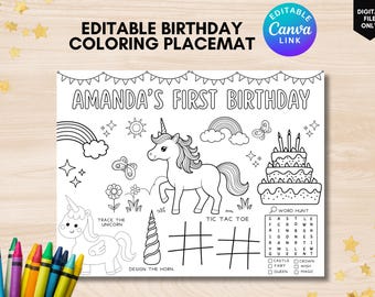 Könnte beinhalten: Eine schwarz-weiße Malunterlage mit dem Text "EDITABLE BIRTHDAY COLORING PLACEMAT" und "AMANDA'S FIRST BIRTHDAY". Das Design umfasst ein Einhorn, einen Regenbogen, einen Kuchen und ein Tic-Tac-Toe-Spiel.