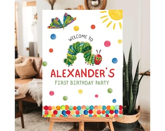 Panneau de bienvenue d'anniversaire très affamé de chenille Poster d'anniversaire modifiable de chenille