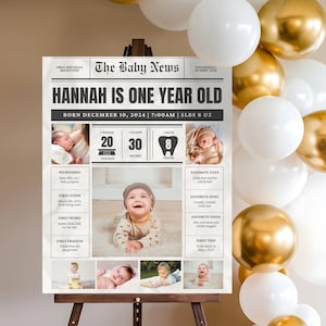 Modello di cartello per il compleanno di un bambino, tabellone per le tappe fondamentali del bambino, cartello con le statistiche del bambino, cartello minimalista per il primo compleanno, poster con collage di foto del bambino