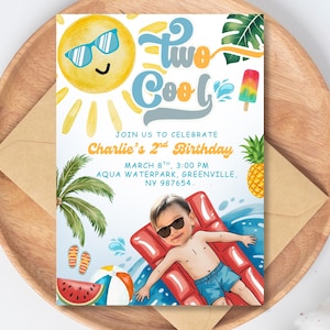 May include: A vibrant birthday invitation with a summer theme. The invitation features a smiling sun wearing sunglasses, the text "Two Cool", and an illustration of a child on a raft. The invitation includes the text "Join us to celebrate Charlie's 2nd Birthday".