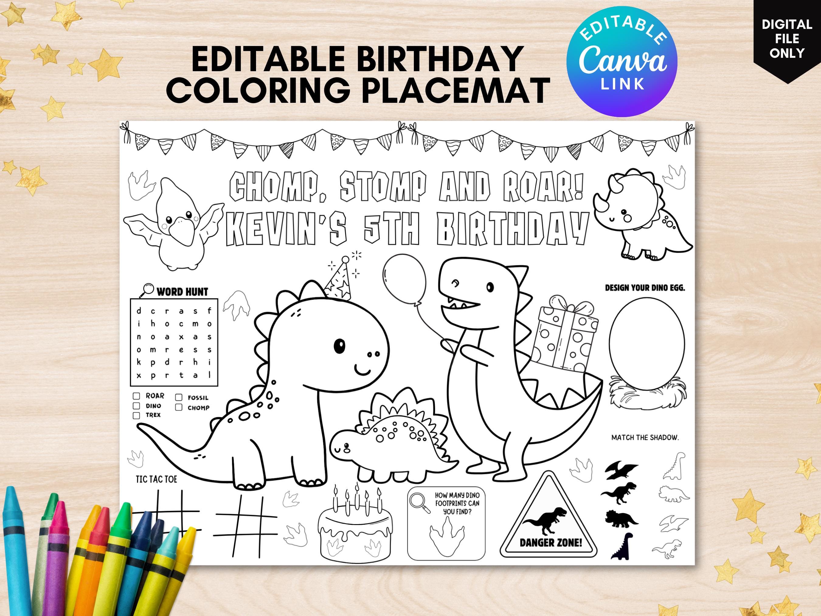 Editable Dino Birthday Coloring Placemat Printable Dinosaur Coloring ...