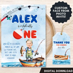 May include: A blue and red fishing themed first birthday party invitation with a cartoon boy holding a fishing rod. The invitation says "Let's Reel in the Fun!" and "Alex is o-fish-ally one".