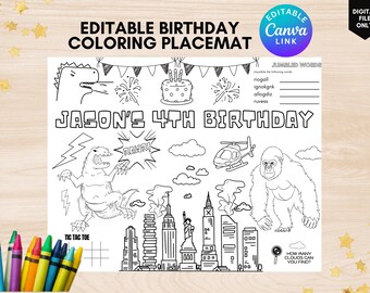 May include: Black and white printable coloring placemat featuring a dinosaur, a cake, a helicopter, a gorilla, and a cityscape. The placemat includes a tic-tac-toe game, a word scramble, and a 'how many clouds can you find?' activity. The text 'Jason's 4th Birthday' is at the top of the placemat.
