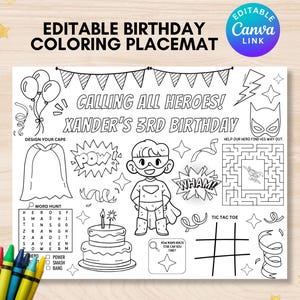 Editable superhero coloring placemat superhero coloring page printable superhero colorable placemat superhero birthday party activity sheet