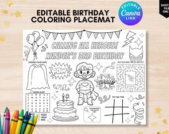 Editable superhero coloring placemat superhero coloring page printable superhero colorable placemat superhero birthday party activity sheet