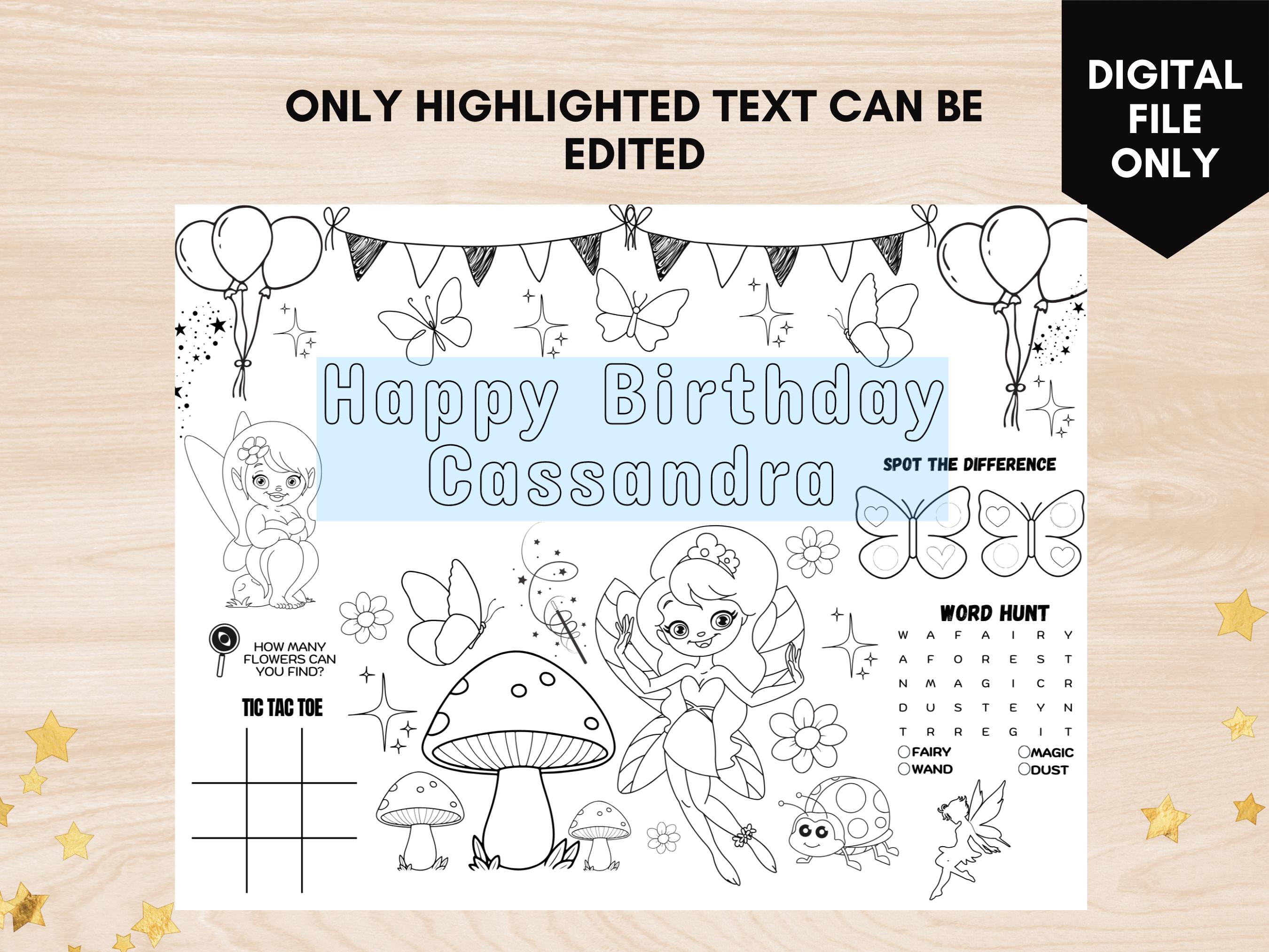 Editable Fairy Birthday Coloring Page Printable Fairy Theme Party ...