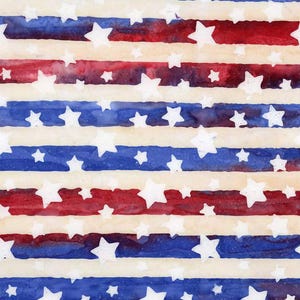 May include: A watercolor-style fabric featuring red, white, and blue stripes with white stars scattered throughout. The fabric is perfect for patriotic crafts and projects.