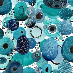 May include: Abstract watercolor pattern featuring teal, blue, and white circles with various textures and patterns. The circles are layered and overlapping, creating a dynamic and visually interesting design.
