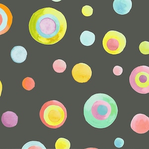 May include: A dark gray background with a repeating pattern of colorful circles. The circles are various sizes and have different color combinations of pink, yellow, blue, green, and orange.