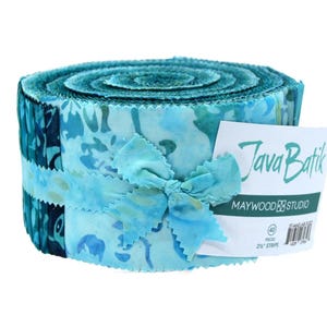 May include: A roll of 40 2.5-inch fabric strips in a blue and teal batik pattern. The fabric is labeled "Java Batik" and "Maywood Studio".