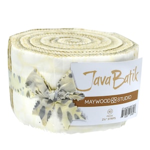May include: A roll of 40 cream-colored fabric strips with a gray and white patterned bow. The label reads "Java Batik Maywood Studio" and "40 Pieces 2 1/2" Strips".