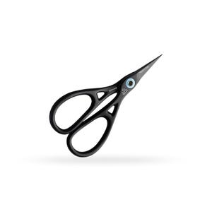 May include: Black scissors with a blue accent on the screw. The scissors have a unique design with cutouts in the metal.