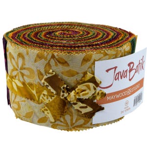 May include: A roll of 40 Java Batik fabric strips in a variety of warm colors, including orange, yellow, red, and green. The strips are 2.5 inches wide and are packaged in a white label with the text "Java Batik" and "Maywood Studio".