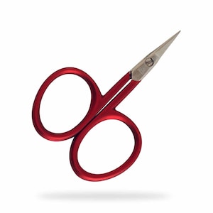 May include: Red cuticle scissors with sharp pointed blades and a silver handle.