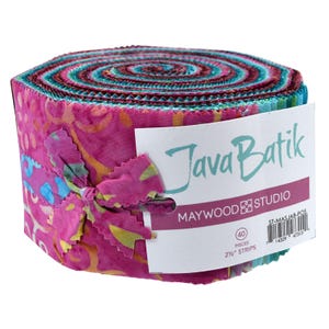 May include: A roll of 40 Java Batik fabric strips in pink, blue, and green colors. The strips are 2 1/2 inches wide. The label reads "Java Batik" and "Maywood Studio".