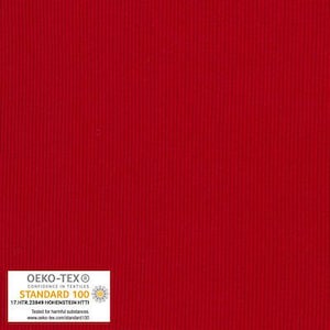 May include: Close-up of a vibrant red fabric with vertical ribbed texture. The fabric has a consistent color and texture across the frame. A white label in the lower left corner displays the OEKO-TEX Standard 100 certification.