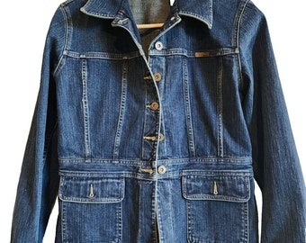 LIZ CLAIBORNE Giacca da donna PICCOLO/Pt blu jeans aderente in denim vintage con stemma dell'orso