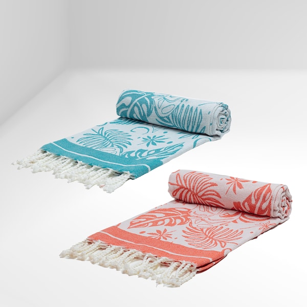 Pack de deux serviettes de Plage & Hammam Fouta Coton Motif Tropical | Nouvelle Collection