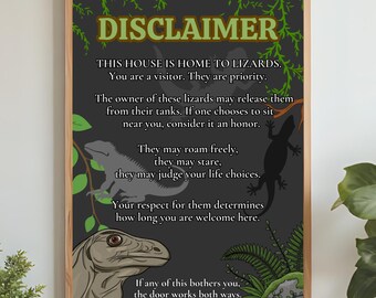 Funny Reptile Owner Disclaimer Poster, Lizard Wall Art Humor Gift