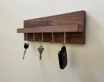 Solid Walnut Key Rack, Key Holder, Entry way shelf, Key Keeper, Brass Hooks