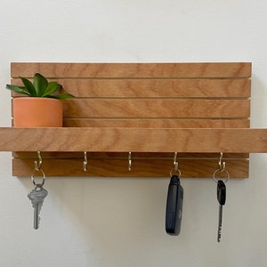 Wood Key Rack, Key Holder, Entry way shelf, Brass Hooks Key Storage, Modern