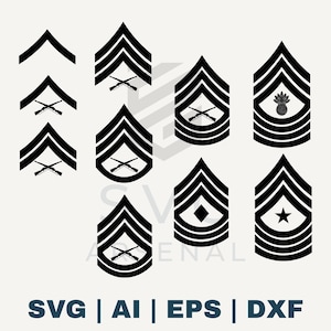 May include: Black and white vector graphic of various military rank insignia. The image includes chevrons, crossed rifles, a diamond, a star, and a pineapple symbol. Text at the bottom reads "SVG | AI | EPS | DXF".