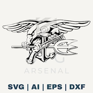 May include: Black and white graphic of an eagle clutching a trident and a gun, with an anchor in the background. The word "ARSENAL" is below the image, with "SVG | AI | EPS | DXF" below that.