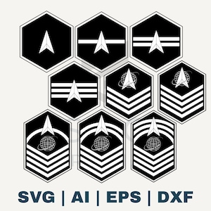 May include: A collection of black and white hexagonal military rank insignia. Each emblem features a white arrow design, with some including stripes and a globe. The text "SVG | AI | EPS | DXF" is displayed at the bottom.