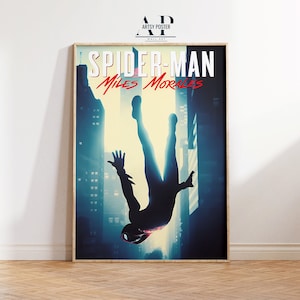May include: A retro-style poster featuring Spider-Man, Miles Morales, in a blue and yellow color scheme. The poster depicts Spider-Man falling headfirst through the air, with the city skyline in the background. The text "Spider-Man Miles Morales" is displayed in bold, red letters at the top of the poster.