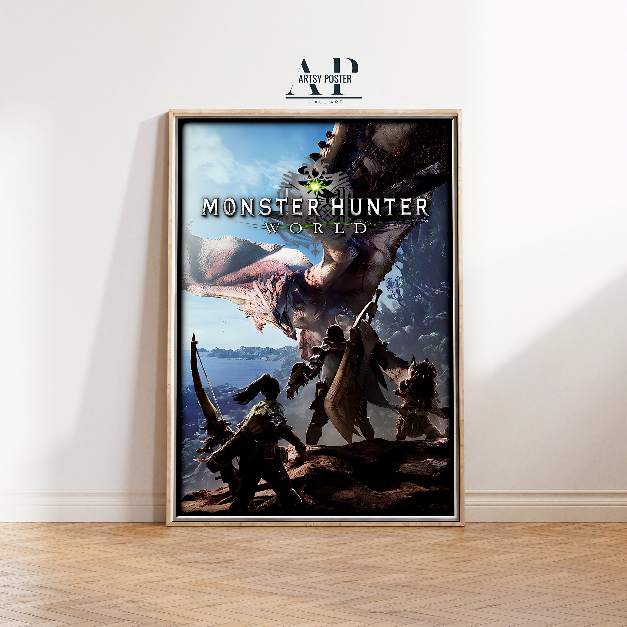 モンスターハンターワールドポスター：象徴的なモンスターとハンターの