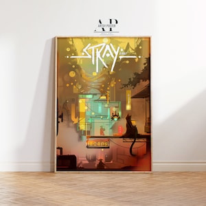 Póster de Stray Game, Mysterious Alleyways y The Robotic Companions, regalo para gamers, arte mural único de ciencia ficción sobre aventuras felinas.