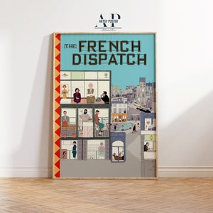 May include: A colorful illustration of a building with multiple windows, each showing a different scene. The building is labeled "The French Dispatch" in a bold, yellow font. The illustration is a stylized representation of a city scene, with buildings, streets, and people.