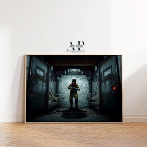 May include: A person wearing a yellow and red hazmat suit stands in a dark, industrial corridor. The person is holding a gun and is looking straight ahead. The corridor is lined with metal doors and has a concrete floor.