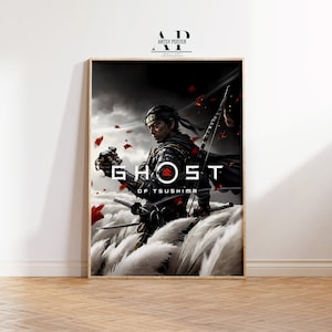 May include: A poster featuring a samurai warrior in a black and red outfit, holding a sword and a katana. The background is a dark grey with red and white accents. The text "GHOST OF TSUSHIMA" is displayed in white letters.