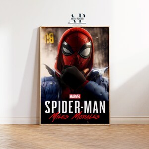 May include: A poster featuring a close-up of Spider-Man, Miles Morales, wearing his red and black suit with a blue jacket over it. The poster has the Marvel logo and the text "Spider-Man Miles Morales".