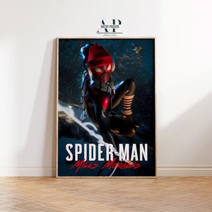 May include: A poster featuring a stylized illustration of Spider-Man, Miles Morales, in a red and black suit with a red beanie. The background is a dark blue with white snow falling. The text "Spider-Man Miles Morales" is at the bottom of the poster.