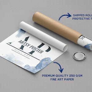 May include: A white poster with blue and gold watercolor-like designs. The poster has the text "ARTSY POSTER" and "WALL ART" printed on it. The poster is rolled up in a brown tube and is ready to be shipped.