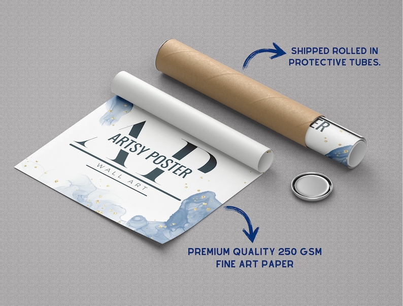 May include: A white poster with blue and gold watercolor-like designs. The poster has the text "ARTSY POSTER" and "WALL ART" printed on it. The poster is rolled up in a brown tube and is ready to be shipped.