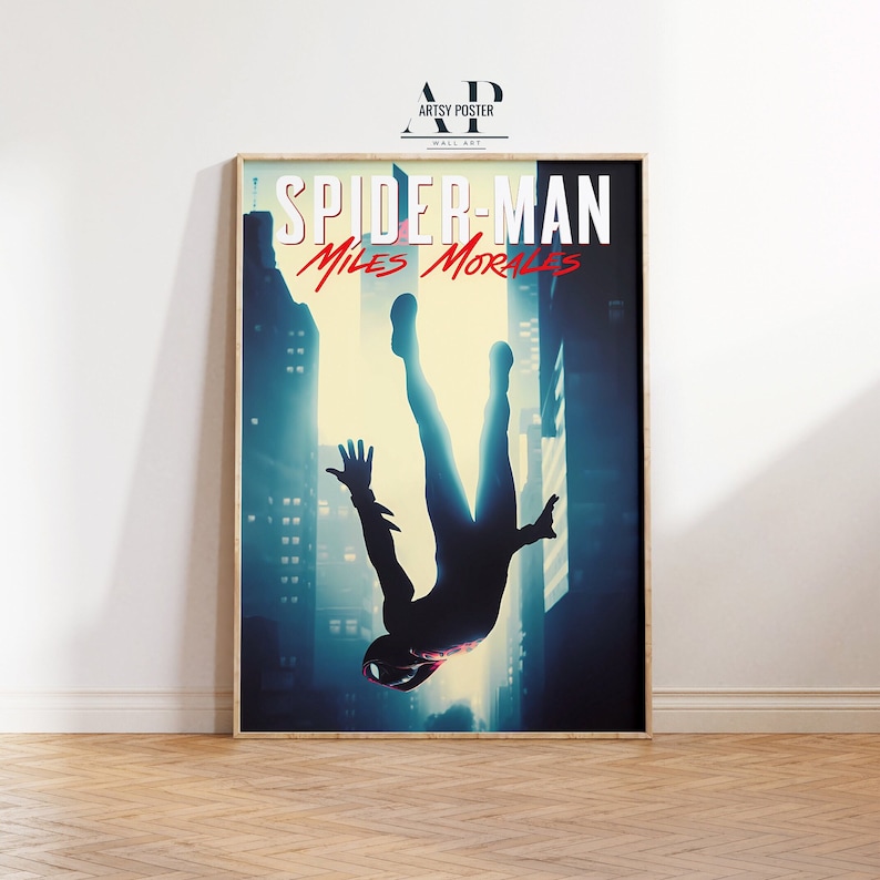 May include: A retro-style poster featuring Spider-Man, Miles Morales, in a blue and yellow color scheme. The poster depicts Spider-Man falling headfirst through the air, with the city skyline in the background. The text "Spider-Man Miles Morales" is displayed in bold, red letters at the top of the poster.