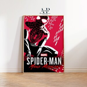 May include: A red and black poster featuring a stylized illustration of Spider-Man, with the text "MARVEL SPIDER-MAN Miles Morales" at the bottom.