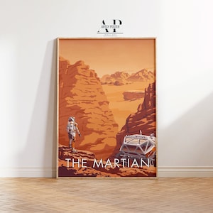 May include: A retro-style poster with a red, orange, and brown color scheme depicting an astronaut standing on a rocky cliff on Mars. The text "The Martian" is at the bottom of the poster.
