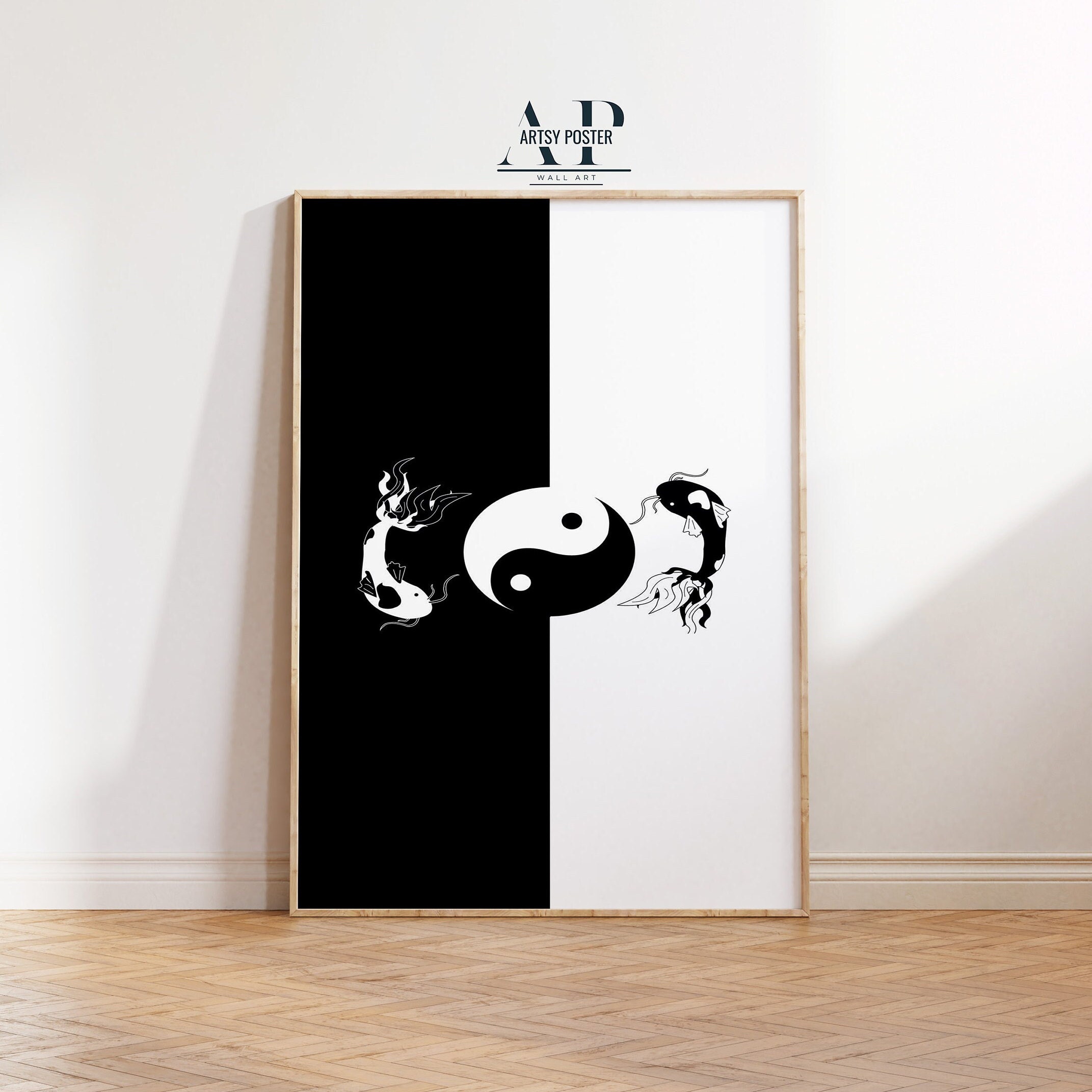 Poster yin yang symbol on a wooden background – Muurposter