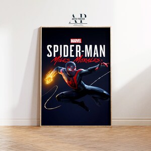 May include: A poster featuring Marvel's Spider-Man: Miles Morales. The poster has a dark blue background with a red and black Spider-Man in a dynamic pose. The text "MARVEL" and "SPIDER-MAN" are in white, and "MILES MORALES" is in red.