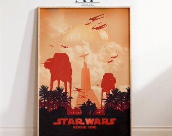 Może przedstawiać: Plakata w stylu retro dla filmu Gwiezdne Wojny: Rogue One. Plakat przedstawia czerwono-pomarańczową kolorystykę z sylwetkami chodzących maszyn AT-AT, X-wingów i rebeliantów przed dużą, pomarańczową planetą. Tekst "Gwiezdne Wojny: Rogue One" jest wydrukowany na czarno na dole plakatu.