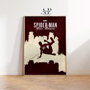 May include: A red and white poster with the text "MARVEL SPIDER-MAN MILES MORALES" and a silhouette of Spider-Man swinging through a city skyline.