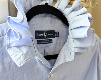 Reworked upcycled Button up Womens Shirt Ralph Lauren Ruffle Collar Plaid American Flag detail