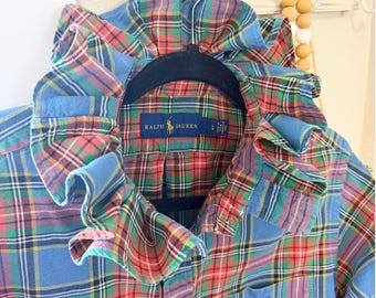 Reworked upcycled Button up Womens Shirt Ralph Lauren Ruffle Collar Plaid American Flag detail